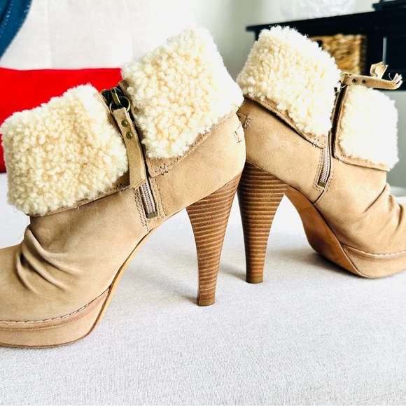 UGG “Georgette” Women Stiletto Platform Ankle Nubuck Fur Upper Boots Tan Size 9 - Picture 5 of 9